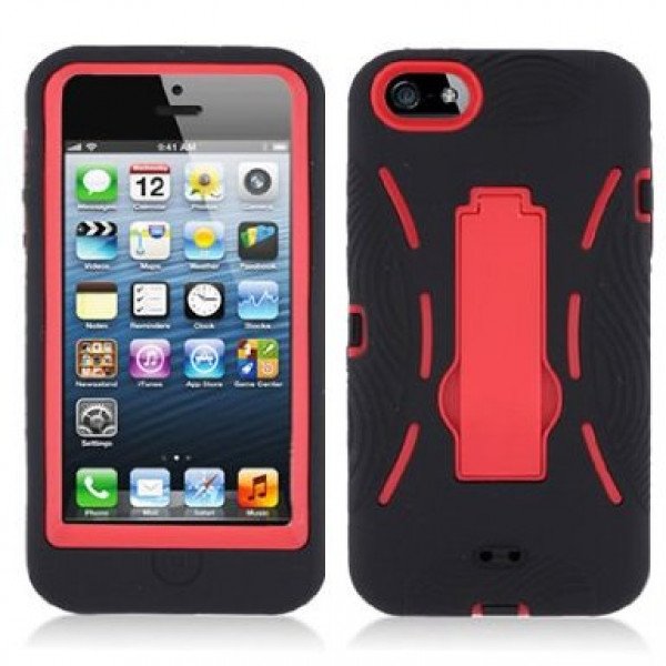 Wholesale iPhone 5 5S Armor Hybrid Case with Stand (Black-Red)